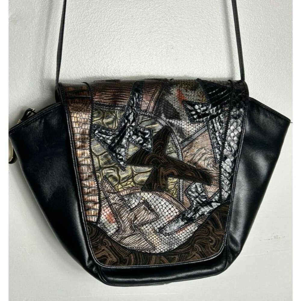 Vintage Sharif Leather Faux Reptile / Vinyl Patchwork Shoulder Bag in Black - Picture 4 of 8